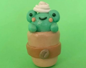 Caffeinated Frog - polymer clay, café, frog, coffee, cute, clay art, desk buddy, figurine, keychain, gift