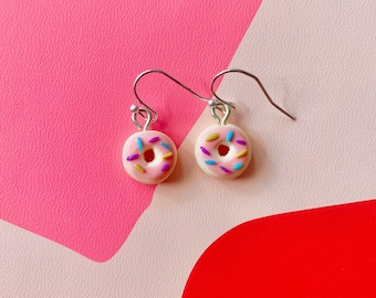 Doughnut Earrings - polymer clay, doughnut, chocolate, strawberry, cottage core, cute, clay art, earrings, drop earrings, dangle earrings