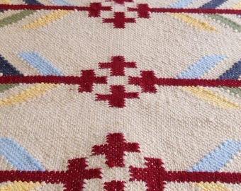 Floral Handmade Cotton Flat Weave Rug. Natural Vegetable Dyed. Indian Dhurrie, Kilim Rug, Wall Tapestry