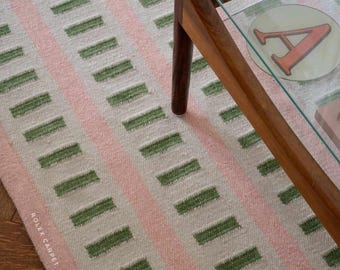 Pink Green Striped Rug, Mid-Century Modern Bathroom Mat, Scandinavian Geometric Abstract Woven Cotton Area Rug, Small Entryway Carpet