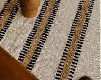 Handwoven Scandinavian Tan and White Chic Wool Rug: Swedish Marianne Richter Inspired Flatweave Rug Geometric Design Custom Size Large Rug
