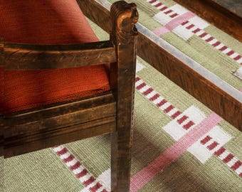 Pink & Green Plaid Rug, Olive Tartan Area Rug, Mid-Century Checkered Kitchen Mat, Cottagecore Farmhouse Washable Ticking Stripe,