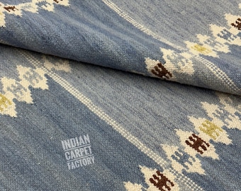 Alfombra Kilim escandinava azul vintage / Tejido plano de lana a mano / Alfombra nórdica minimalista /