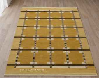 Handwoven Wool Kilim Checkered Pattern Rug,High Quality Dhurrie Swedish Scandinavian Handmade Flatweave Rug for Living Room,Home Decor