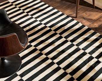 Vintage kilim Scandinavian Kilim Rug | Handwoven Wool Flat Weave | Minimalist Nordic Carpet | Geometric Boho Area Rug |White black kilim rug