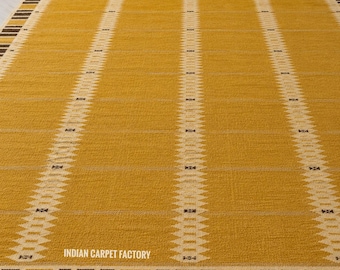 Scandinavian Kilim Wool Rug | Swedish Marianne Richter Inspired Gold Tone Flatweave Rug