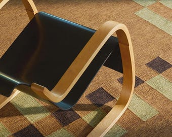 Brown & Green Geometric Wool Rug – Handwoven Scandinavian Carpet 7x10 Ready To Ship,1960s Danish Style Midcentury