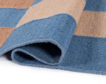 Scandinavian Kilim Rug - Modern Blue and Beige Flatweave Carpet - Handwoven Wool Area Rug for Living Room - Striped Minimalist Home Decor