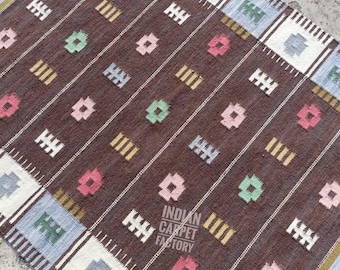 Handwoven Wool Kilim , Dhurrie Swedish Scandinavian Handmade Flatweave Carpet for Living Room, Bedroom & Home Décor