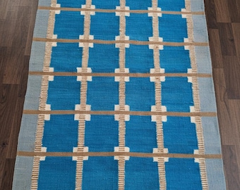 Alfombra Kilim sueca azul / Tejido plano de lana escandinava / Alfombra moderna tejida a mano / Alfombra de lana a medida / Decoración escandinava neutra bohemia