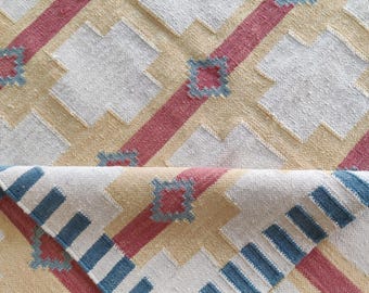 Handwoven Wool Kilim Rug: Swedish Geometric Flatweave, Pastel Colors