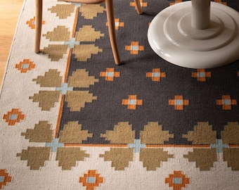 Handmade Brown Wool Kilim Rug: Vintage kilim Scandinavian Kilim Rug | Handwoven Wool Flat Weave | Minimalist Nordic Carpet | Geometric Boho