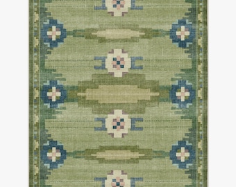 Inspired Green Vintage Washable Rug with Anatolian Kilim Motif Recycled Cotton Digital Printed Rug Non Slip Stain Resist Röllakan