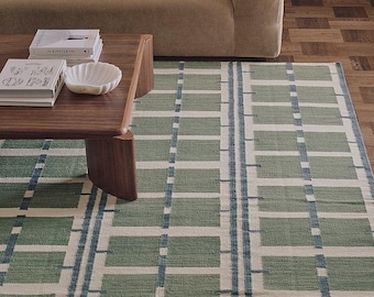Handwoven Scandinavian Green and White Chic Wool Rug: Swedish Marianne Richter Inspired Flatweave Rug Geometric Design Custom Size Large Rug