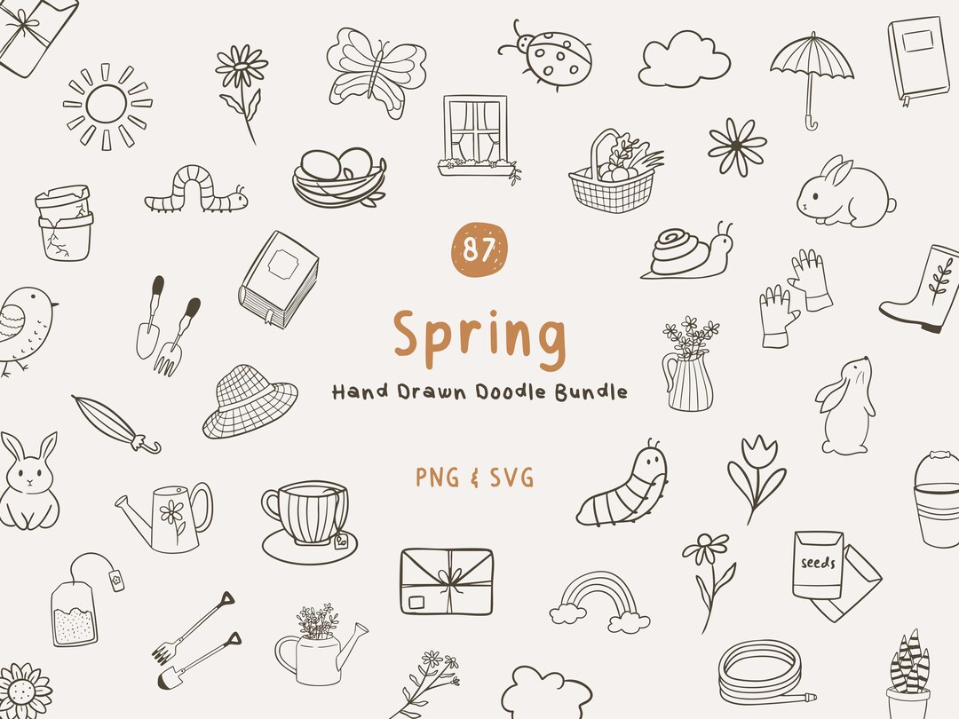 Spring Doodle Clipart Bundle PNG SVG Hand Drawn Seasonal Line Art for ...