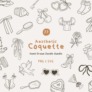 May include: Aesthetic Coquette hand-drawn doodle bundle in black and white. The image features various illustrations, including a cupcake, bow, high heel, rose, perfume bottle, and more. The text "Aesthetic Coquette" is also included.
