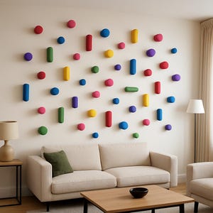 Puede incluir: Una pared blanca adornada con una colección de presas de escalada coloridas y redondeadas de varias formas y tamaños. Las presas son en tonos de rojo, azul, verde, amarillo y morado. Un sofá beige y una mesa de centro de madera están en primer plano.