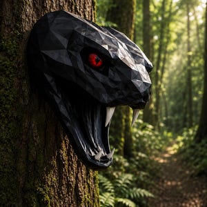 Puede incluir: Una escultura de cabeza de serpiente geométrica de bajo poligonaje en color negro montada en un tronco de árbol. La pieza presenta una superficie facetada, colmillos blancos afilados y un ojo visible con iris rojo brillante y pupila vertical.