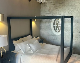 Kit de cama con dosel en miniatura moderna, cama de madera para casa de muñecas, escala 1:12