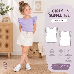 Puede incluir: Un patrón de costura para una camiseta con volantes para niñas en tallas 4Y-7Y. La imagen muestra a una niña con una camiseta de manga corta de color morado claro con hombros con volantes y una falda vaquera blanca. Incluye dibujos técnicos.