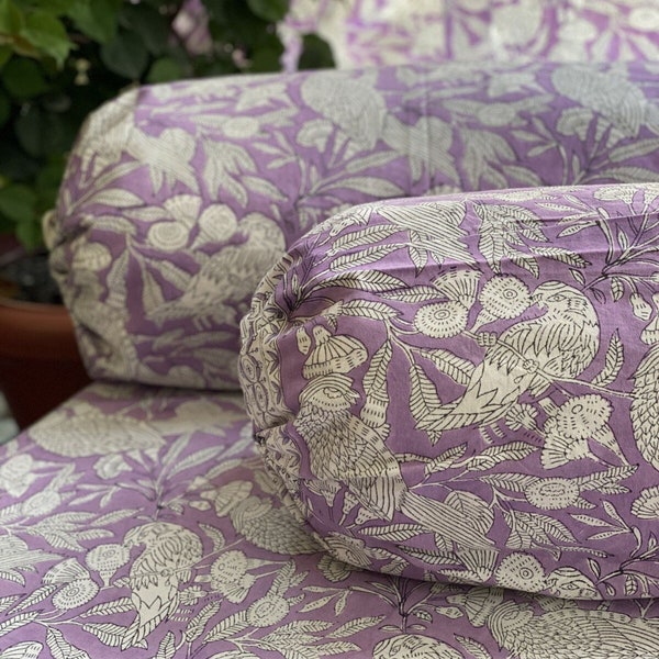 Boho Floral Hand Block Printed Bolster Cover / Round Bed Bolster / Neckroll Pillowcase / 100% Cotton Bolster