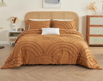 3 - Piece Burnt Orange Tufted Duvet Cover With Two Pillow Covers Boho Comforter Cover Washed Cotton Bedding Set Home Decor Full Size Bed Set