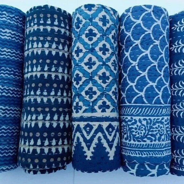 Courtepointe kantha en coton indien, jetée kantha indigo cousue à la main couette kantha réversible couvre-lit couettes grande taille/lits jumeaux à vendre