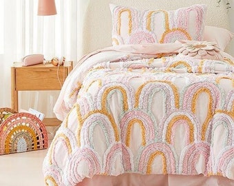Rosie Rainbow Tufted Quilt Cover Set With Two Pillow Covers Luxury Boho Cotton Bedding Set Home Décor Full Bed Set