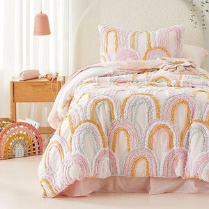 Rosie Rainbow Tufted Quilt Cover Set With Two Pillow Covers Luxury Boho Cotton Bedding Set Home Décor Full Bed Set