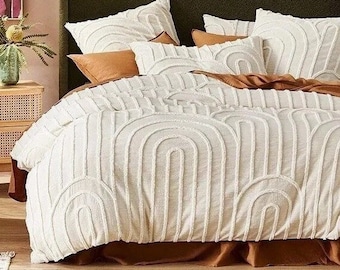 3- piece  White Tufted Cotton Duvet Cover set, Luxury Boho Bedding, Down comforter Cover, Pillowcases, Home Decor, Duvet Bedding Set