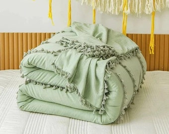 Sage Green Duvet Cover With Tassels , King Queen Twin 100% Cotton Duvet Cover,3 Pc Cotton Duvet Cover in Green Bedding, Duvet Cover Set