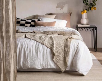 Linen Bedding Set In White / Washed Soft 3 Piece Duvet Cover / Pillowcases / Home Decor Linen Bedding Set Full / King , Queen Duvet Cover