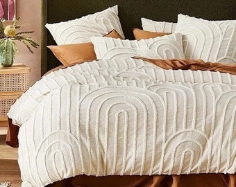3- piece  White Tufted Cotton Duvet Cover set, Luxury Boho Bedding, Down comforter Cover, Pillowcases, Home Decor, Duvet Bedding Set