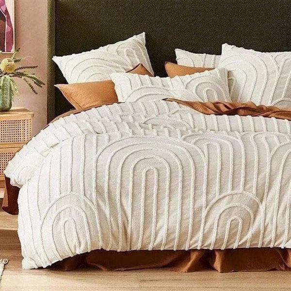 3- piece  White Tufted Cotton Duvet Cover set, Luxury Boho Bedding, Down comforter Cover, Pillowcases, Home Decor, Duvet Bedding Set