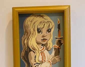Mid Century MCM Paint By Number Big Eyes Little Girl, Candle, Kitten Painting