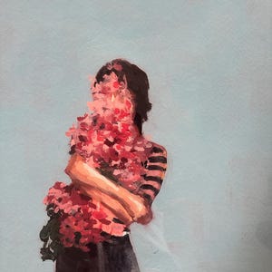May include: An oil painting depicts a person holding a large bouquet of red flowers. The person is wearing a black and white striped shirt and a black skirt. The background is a light blue color.