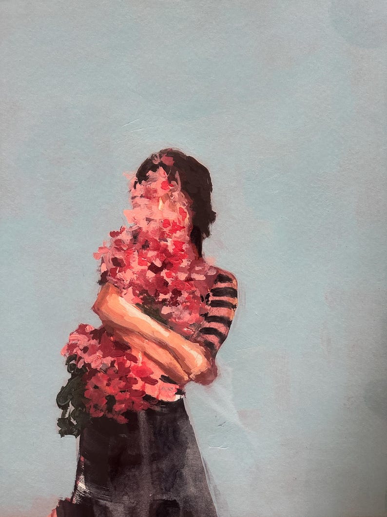 May include: An oil painting depicts a person holding a large bouquet of red flowers. The person is wearing a black and white striped shirt and a black skirt. The background is a light blue color.