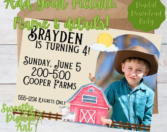 Personalized Farm Birthday Invitation - Customizable with your Photo, Name & Party Details. Kids party, farm party, barnyard party
