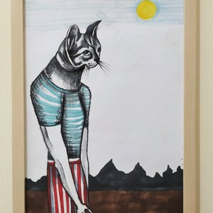 Cat Person, fine art original painting on paper.