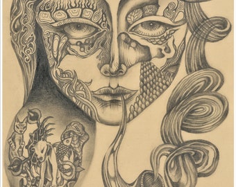 May include: A black and white pencil drawing of a woman's face with intricate details. The woman's face is partially obscured by a swirling pattern of lines and shapes. The drawing is signed "Lal. E. 2021" in the bottom right corner.