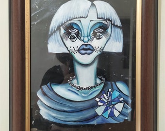 May include: A painting of a woman with white hair, blue eyes, and a blue dress. She is wearing a pearl necklace and a blue and white flower brooch. The background is black.