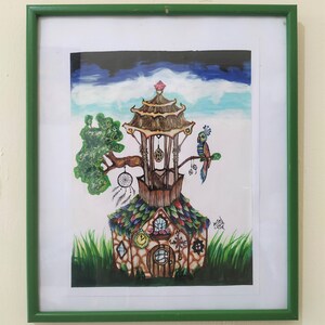 Casa sull'albero, pittura originale d'arte, acrilico e pennarello su carta.