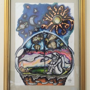 Sotto le stelle, pittura tecnica mista originale d'arte su carta.