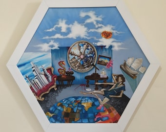 Holismo, surrealismo arte mural surrealista pintura al óleo original, enmarcado