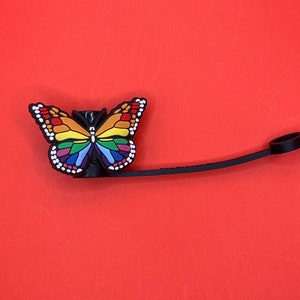 Pu&ograve; includere: Un tappo per bottiglia a forma di farfalla arcobaleno con un cinturino nero. La farfalla ha un contorno nero e punti bianchi attorno ai bordi.