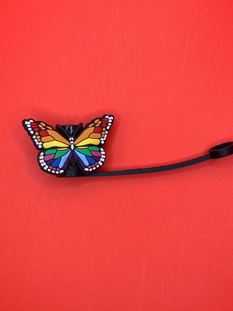 Pu&ograve; includere: Un tappo per bottiglia a forma di farfalla arcobaleno con un cinturino nero. La farfalla ha un contorno nero e punti bianchi attorno ai bordi.