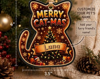 Adorno navideño personalizado con silueta de gato y nombre de gato. Regalo ideal para amantes de los gatos. Decoración navideña personalizada con el nombre de la mascota. Recuerdo navideño personalizado.