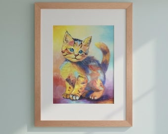 Cuadro original de gato enmarcado, pintura enmarcada, lindo arte de pared para guardería, decoración de pared de animales, arte de guardería, regalo para amantes de los gatos, regalo para ella