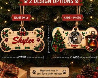 Adorno navideño personalizado con nombre de mascota, adorno navideño de hueso de perro, etiqueta de regalo personalizada para mascota, adorno navideño personalizado con foto de mascota, regalo de Navidad para perros