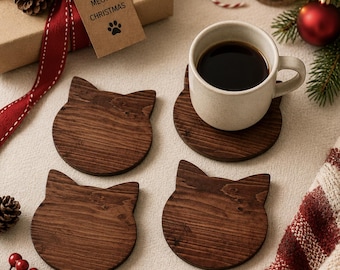 Juego de posavasos de madera con diseño de gato. Regalo ideal para amantes de los gatos. Regalo para un nuevo hogar. Regalo de inauguración. Decoración artesanal para mesa de centro. Regalo perfecto para rellenar calcetines navideños. Regalo de Navidad.